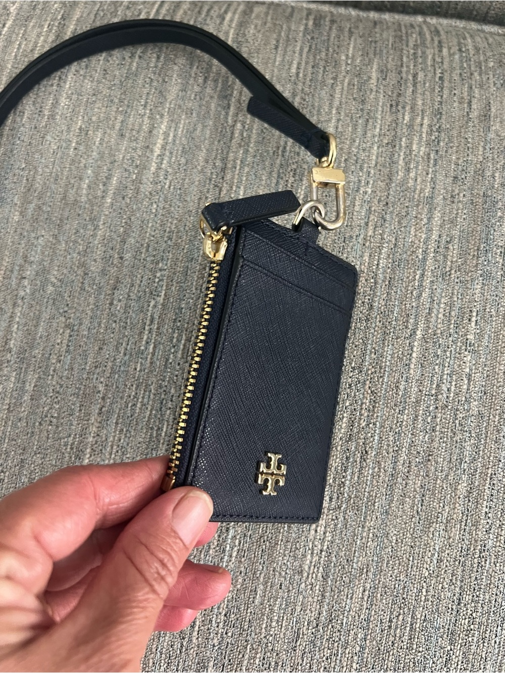 Tory Burch Black Leather ID Cardholder with Gold Logo Lanyard - Picture 3 of 5